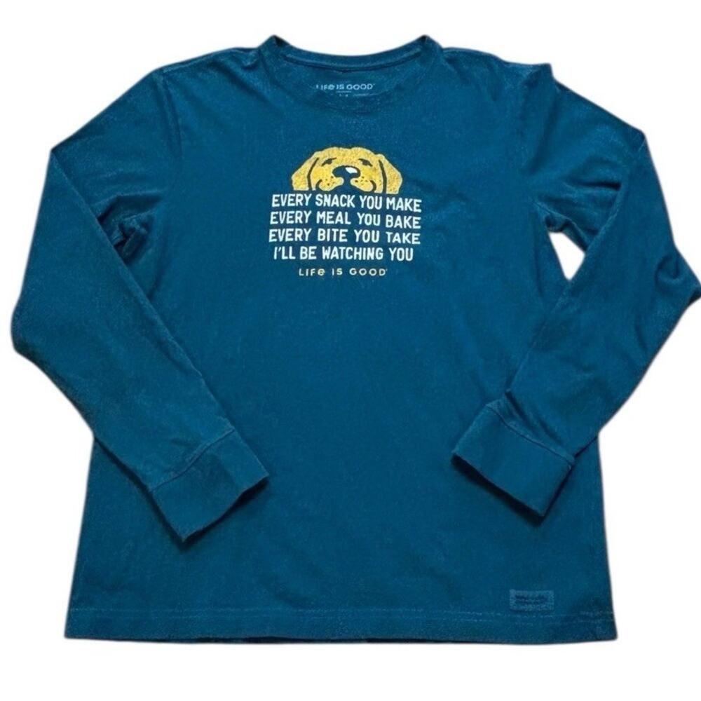 Life is Good Crusher Tee Dog Watching You Eat Teal Blue Green Cotton Medium